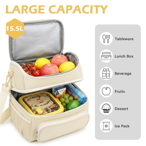 FlowFly Double Layer Cooler Insulated Lunch Bag Adult Lunch Box Large Tote Bag for Men, Women, With Adjustable Strap,Front Pocket and Dual Large Mesh Side Pockets - color: Biege