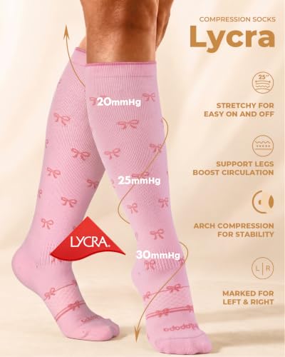 LYCRA® Compression Socks for Women,20-30 mmHg - color: Pink Bow, size: Small-Medium