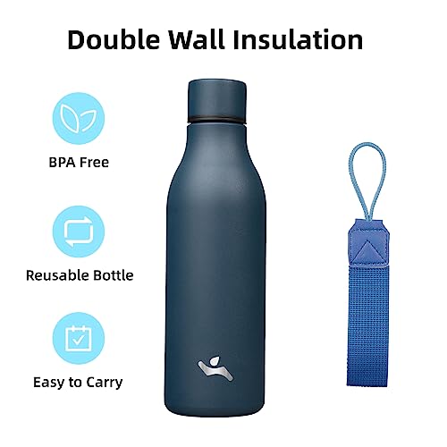Konokyo 18 oz Insulated Stainless Steel Metal Water Bottle with Strap - color: Navy Blue, size: 18 Ounces