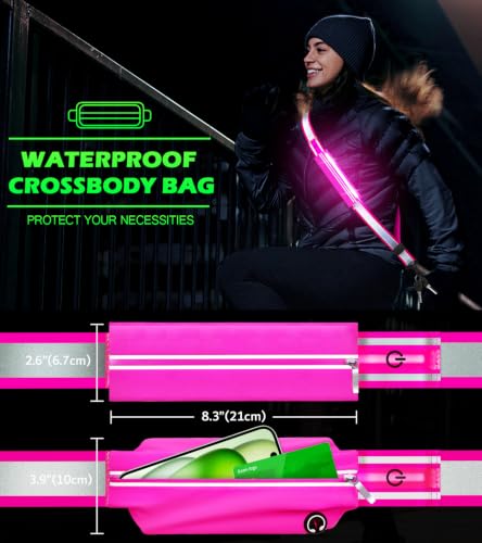 Ylzzrs LED Belt Reflective Sash for Walking at Night,High Visibility Adjustable Night Running Safety Gear,Light Up Running Belt Reflective Gear with Phone Bag/Armband for Runners Walkers Men Women - color: Pink