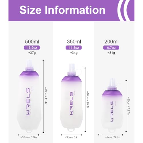 WRELS 200ml/350ml/500ml Collapsible Soft Flask,BPA Free Folding Soft Water Bottle with Hanging Ring,Lightweight TPU Hydration Flask for Running Marathon Cycling Hiking - color: Purple-350ml*1