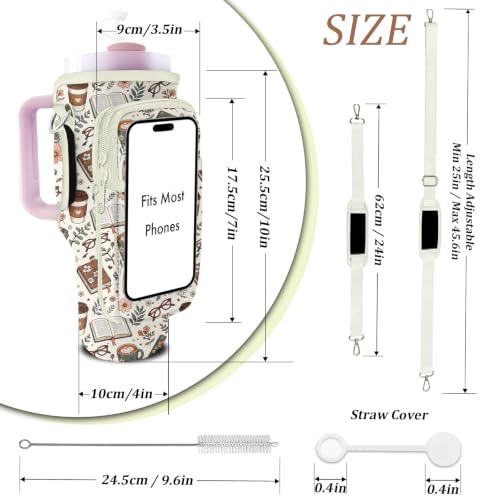 Water Bottle Carrier Bag for Stanley 40/30oz Cup Tumbler with Phone Pocket,Insulated Crossbody Water Bottle Holder with Adjustable Strap,Water Bottle Sling Pouch for Hiking Walking Camping Accessories - color: Cafe Books Flowers