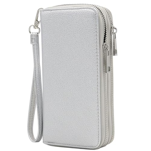 FashionPuzzle Double Zip Around PU Leather Wristlet Cell Phone Wallet - color: Silver