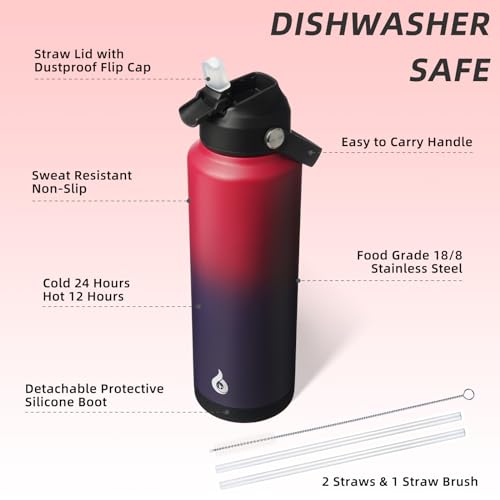 BJPKPK 40oz Insulated Water Bottle, Stainless Steel Bottle with Straw Lid - color: Charming Red, size: 40 Ounces