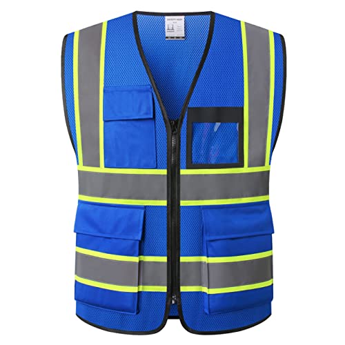 Reflective Safety Vest for Men Women Hi Vis Vest with 8 Pockets High Visibility Mesh Reflective Vest (Blue-07, X-Large) - color: Blue, size: X-Large