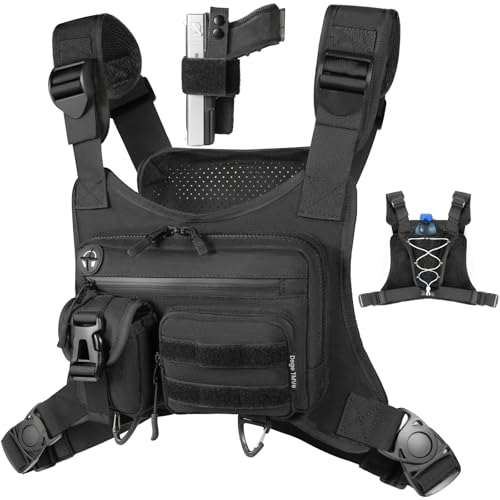 DegeTMVe Tactical Running Chest Bag with Anti-Bounce Design, Water-Repellent & Concealed Pistol Holster – Adjustable 4-Strap, Water Bottle Holder, Reflective Safety for Hiking, Cycling, Workouts