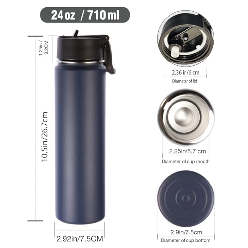 Volhoply 24oz Insulated Water Bottle with Straw Lid, Navy, 1-Pack - color: Navy