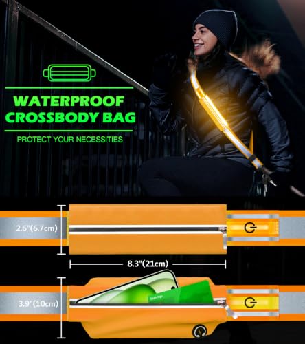 Ylzzrs LED Belt Reflective Sash for Walking at Night,High Visibility Adjustable Night Running Safety Gear,Light Up Running Belt Reflective Gear with Phone Bag/Armband for Runners Walkers Men Women - color: Orange