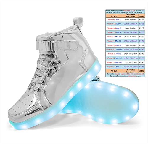 Hot Dingding Light Up Sneakers High Top LED Flashing Shoes, USB Rechargeable Glowing Luminous Shoes for Men Women Teens Halloween Party - color: Silver, size: 9 Women/7.5 Men