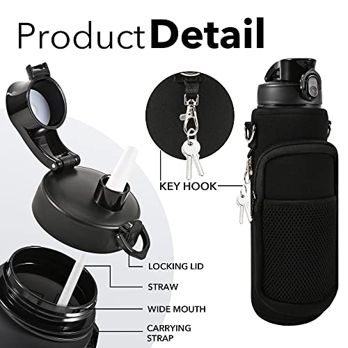 32 oz Water Bottles with Strap & Straw, Sport Motivational Water Bottles - color: Dark Black