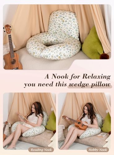 INSEN Wedge Pillow Set for Sleeping and After Surgery, Use for Acid Reflux, Reading and Relaxing, Headboard Pillow for Sitting in Bed - color: Green Flower