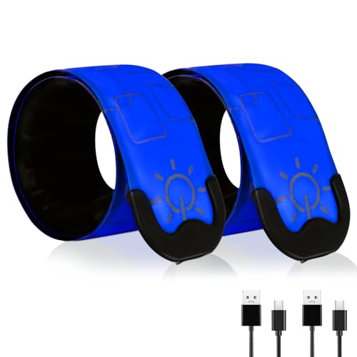 LED Safety Wristband Lights - Rechargeable Light Up Arm Ankle Band Kids Magic Slap Glow Bracelets Reflective Belt High Visibility for Night Cycling Walking Joggers Running Gear - color: Blue-Charge