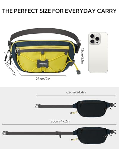 WATERFLY Small Fanny Pack RFID Blocking Travel Hiking Crossbody Waist Bag - color: Yellow-Blue