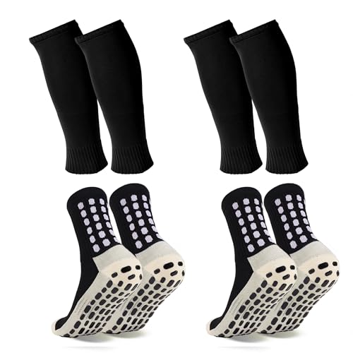 Barrlves 2 Set Grip Soccer Socks and Shin Guard Sleeves Non Slip Soccer Sleeve Socks for Men Women - color: Black-1