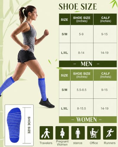 Bamboo Viscose Compression Socks|4Pairs 15-20mmHg Knee High Socks - color: Blue, size: Large-X-Large