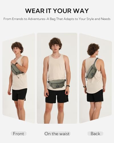 WATERFLY Small Fanny Pack RFID Blocking Travel Hiking Crossbody Waist Bag - color: Gray-Green