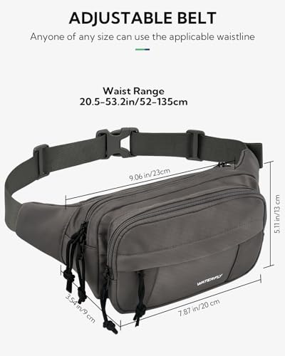 WATERFLY Fanny Pack Waist Bag: 2.5L Large 5 Zipper Pockets for Women Men - color: Gray