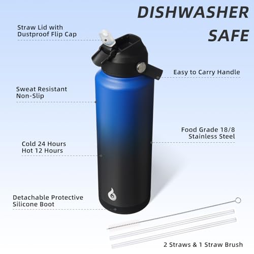 BJPKPK 40oz Insulated Water Bottle, Stainless Steel Bottle with Straw Lid - color: Black Blue, size: 40 Ounces
