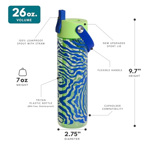 Elemental Splash 26oz Tritan Plastic Reusable Water Bottle w/Straw & Strap - color: Aqua Waves, size: 26 Ounces