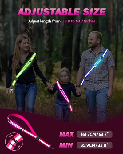 Fitense LED Reflective Belt Sash - 5 Lights Colors & 3 Light Modes High Visibility Night Safety Belt, Rechargeable Light Up Running Gear Adjustable Vest Straps for Runners Walkers Men Women - color: Pink, style: Classic