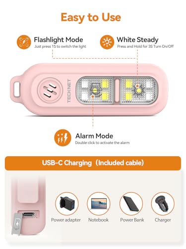 TECKNET Clip-On Personal Alarm with LED Light, USB-C Rechargeable, Pink - color: PInk