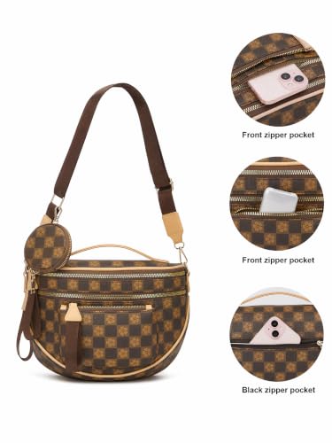 Makes Checkered Crossbody Bag Bum Bag for Women with Pouch - color: Coffee Checkered