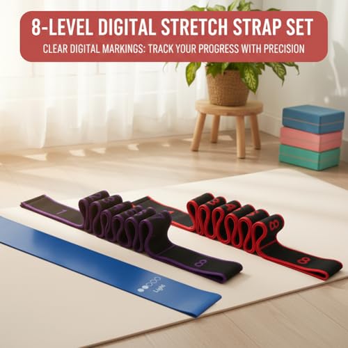 2 Pack Resistance Bands with Loops, Numbered 8-Loop Yoga Stretch Strap for Stretching, Pilates, Flexibility and Home Gym Workout, Includes Extra Elastic Loop Band