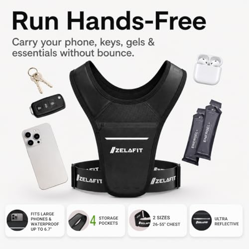 ZelaFit™ Running Phone Holder Vest for Women & Men – Lightweight Running Gear and Everyday Running Essentials – Chest Rig Phone Holder for Running (Black) - size: Large - XX-Large
