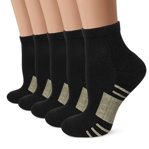 Iseasoo Ankle Compression Socks for Women Men, 5 Pairs Copper Running Socks - color: A01-5 Black, size: Large-X-Large