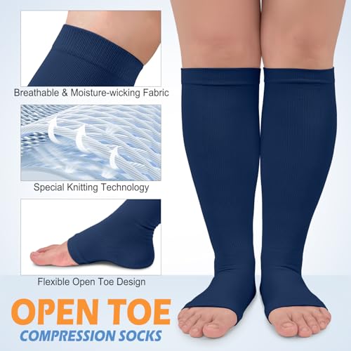 CTHH Toeless Compression Socks for Women & Men Open Toe Knee High Stocking - color: Pink/Navy Blue/Light Gray, size: Small-Medium