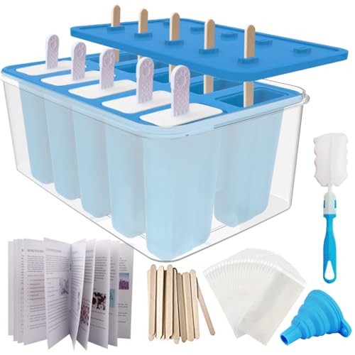 10-Cav Popsicle Molds, Silicone Ice Pop Mold for DIY Frozen Treats - color: Blue+Bin