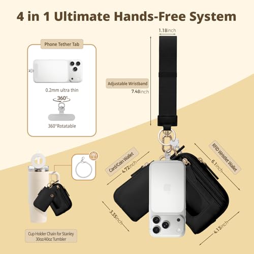 Dual Pouch Wristlet Keychain Wallet for Women, Coin Purse with RFID Blocking, Nylon Phone Wallet & Card Holder - color: Black