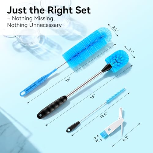 Bottle Brush Set with Straw Cleaner Brush and 3 in 1 Cup Lid Cleaning Brush, Water Bottle Cleaner with Long Handle for Cleaning Narrow Neck Beer, Cup, Wine Glasses, Tumblers, Baby Bottles - color: 4pack-blue