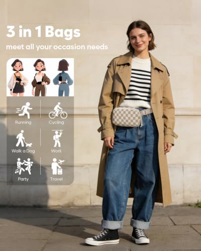 Pritent Fanny Packs for Women Crossbody Belt Bag With Zipper Back Pocket - color: Checkered Khaki, size: Small