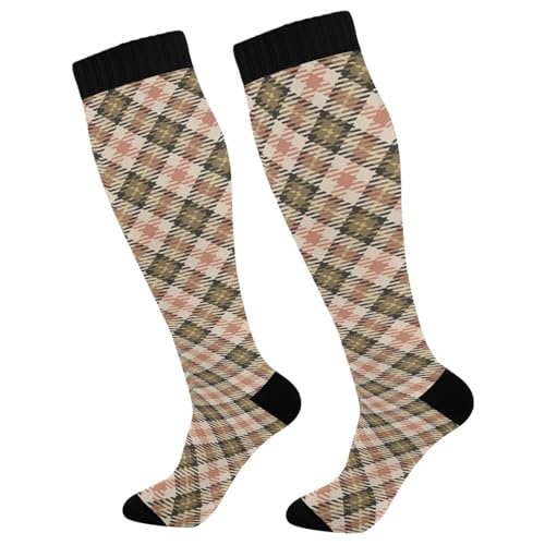 JUNZAN Buffalo Plaid Red Black Knee High Socks Compression Socks for Women Men Kid for Running Sports Nurse - color: Cream Pink Plaid