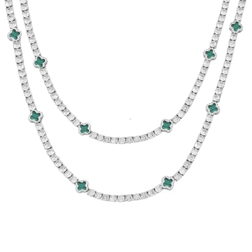 LuxeFlex 4mm Iced Out Four Leaf Tennis Chain,White Gold Plated with 5A Zircon Stones, exquisite Handmade Hip Hop Bling Necklace Perfect Unisex Jewelry Gift - color: White Gold-Green, size: 20 INCH