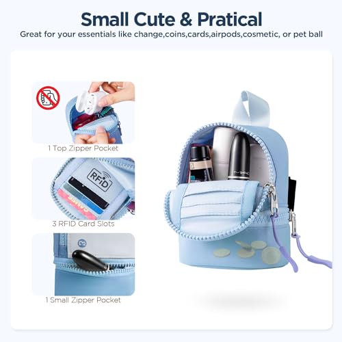 Babysun Mini Backpack Keychain Wristlet Pouch Small Change Coin Purse Cute Zipper Wallet With 3 RFID Card Slots For Women/Men Airpods Cosmetics - color: Grey Blue