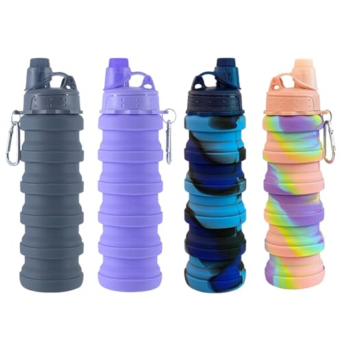 Collapsible Water Bottles 4 Pack 500ml (Grey+Purple+Blue+Pink) - color: Grey+Purple+Blue+Pink