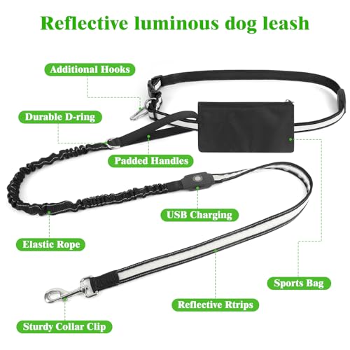LED Dog Leash Waist Hands Free, Light Up Dog Walking Leash with Pouch - color: Multicolor