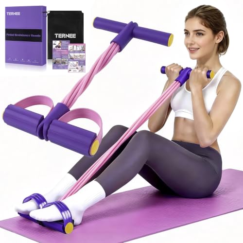 Pedal Resistance Band with Handle, Foot Pedal Resistance Band for Women, Multifunction Exercise Bands for Home Gym Full Body & Working Out - color: purple/pink