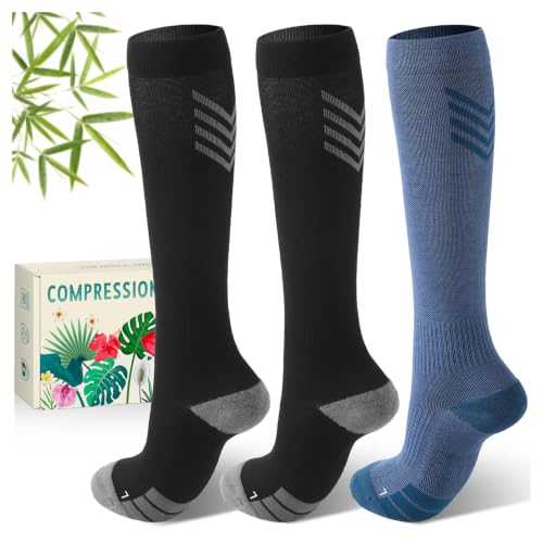 Bamboo Viscose Compression Socks 15-20 mmHg Knee High 3 Pairs Unisex - color: A05-3pair-Black Blue, size: XX-Large