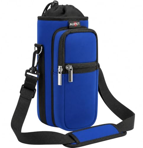 AUPET Water Bottle Sling Bag Sleeve Holder Carrier 25/32/40/64 oz,Insulated Crossbody Water Bottle Case Cover with Strap and Pockets for Men/Women Walking Hiking - color: dark blue, size: 64oz