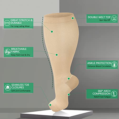 CTHH Wide Calf Compression Socks for Women Men Plus Size Knee High Stocking - color: Nude/Black, size: XX-Large