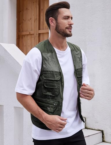 Gihuo Men's Utility Vest Fishing Safari Vest Summer Travel Vest with Pockets - color: Army Green 02, size: Medium