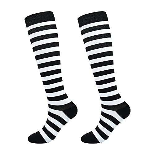 Junely Compression Socks for Women Knee High Striped Polka Dot Stockings - color: A2-black and White
