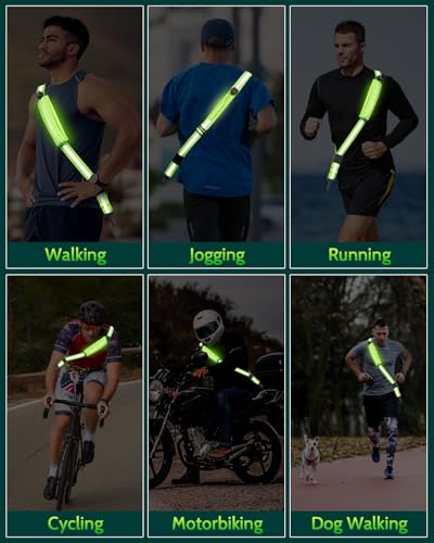 Fitense LED Reflective Belt Sash - 5 Lights Colors & 3 Light Modes High Visibility Night Safety Belt, Rechargeable Light Up Running Gear Adjustable Vest Straps for Runners Walkers Men Women - color: Green, style: Pouch