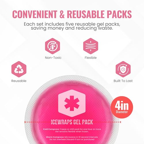 ICEWRAPS 4 inches Round Reusable Ice Packs with Cloth Backing, 5-Pack Pink - color: Pink