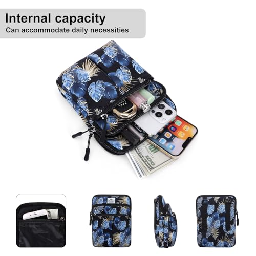 HUA ANGEL Multifunctional Fanny Pack for Men & Women Lightweight Waist Bag with 3 Zip Compartments, Cross body bag for Running Walking Sport Travel - color: Blue leaves