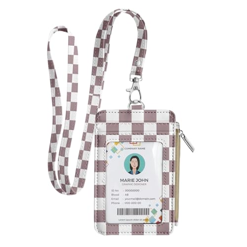 bolimoss Lanyard Wallet with Id Badge Holder, Small Keychain Wallet Wristlet, Pu Leather Zipper Credit Card Holder Neck Strap for Women School Teacher Student Nurse Office Worker - color: Dusty Rose Checkerboard