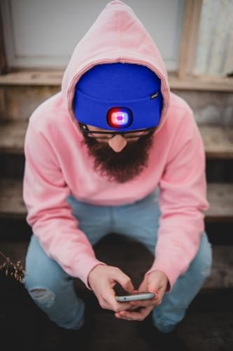 ATNKE LED Lighted Beanie Hat,USB Rechargeable 4 LED Red and Blue Flashing Running Headlamp Cap Gifts for Men and Women - color: #Blue